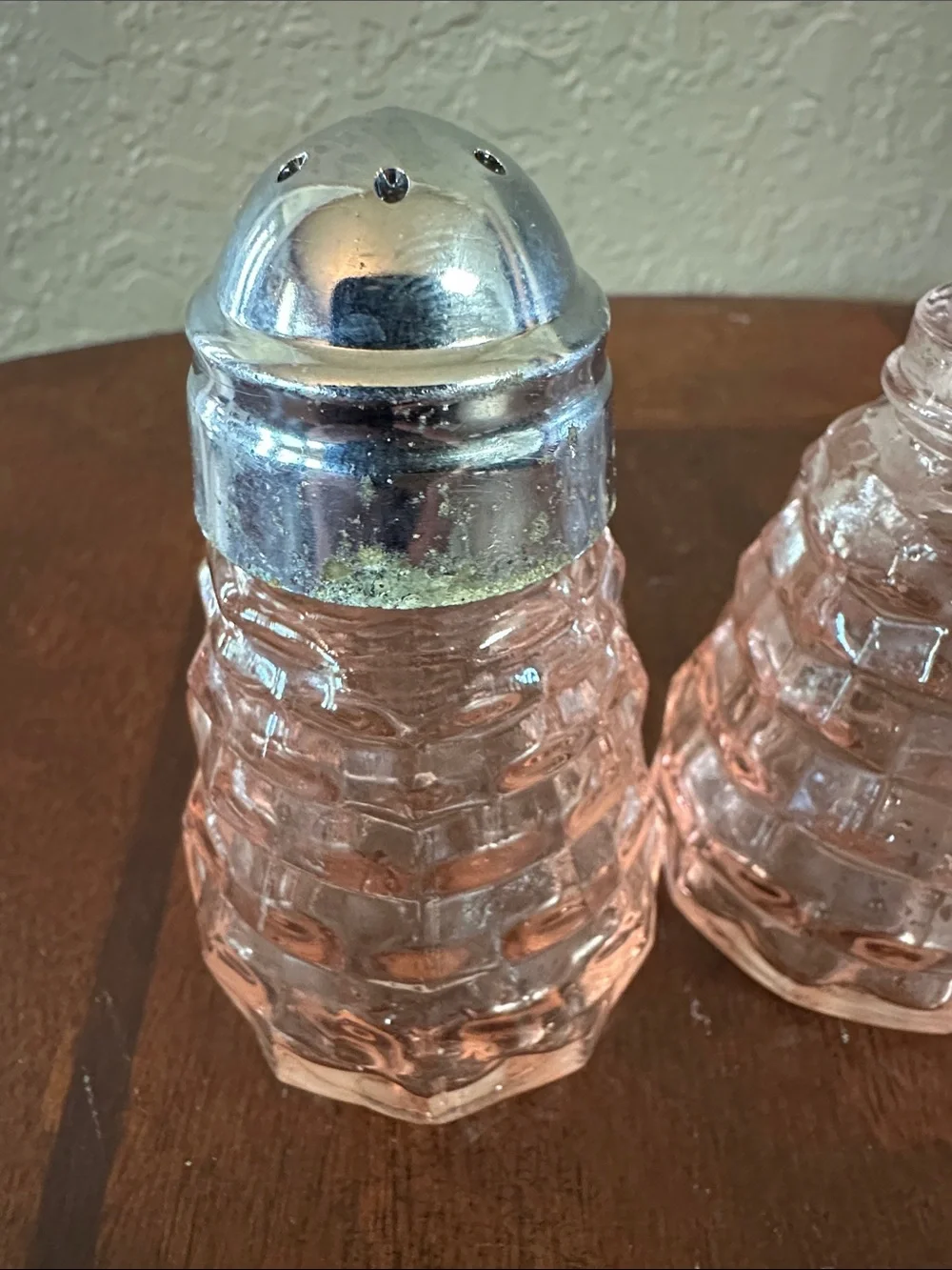Pink Glass Salt and Pepper Shakers with Silver Tops - Set of 2